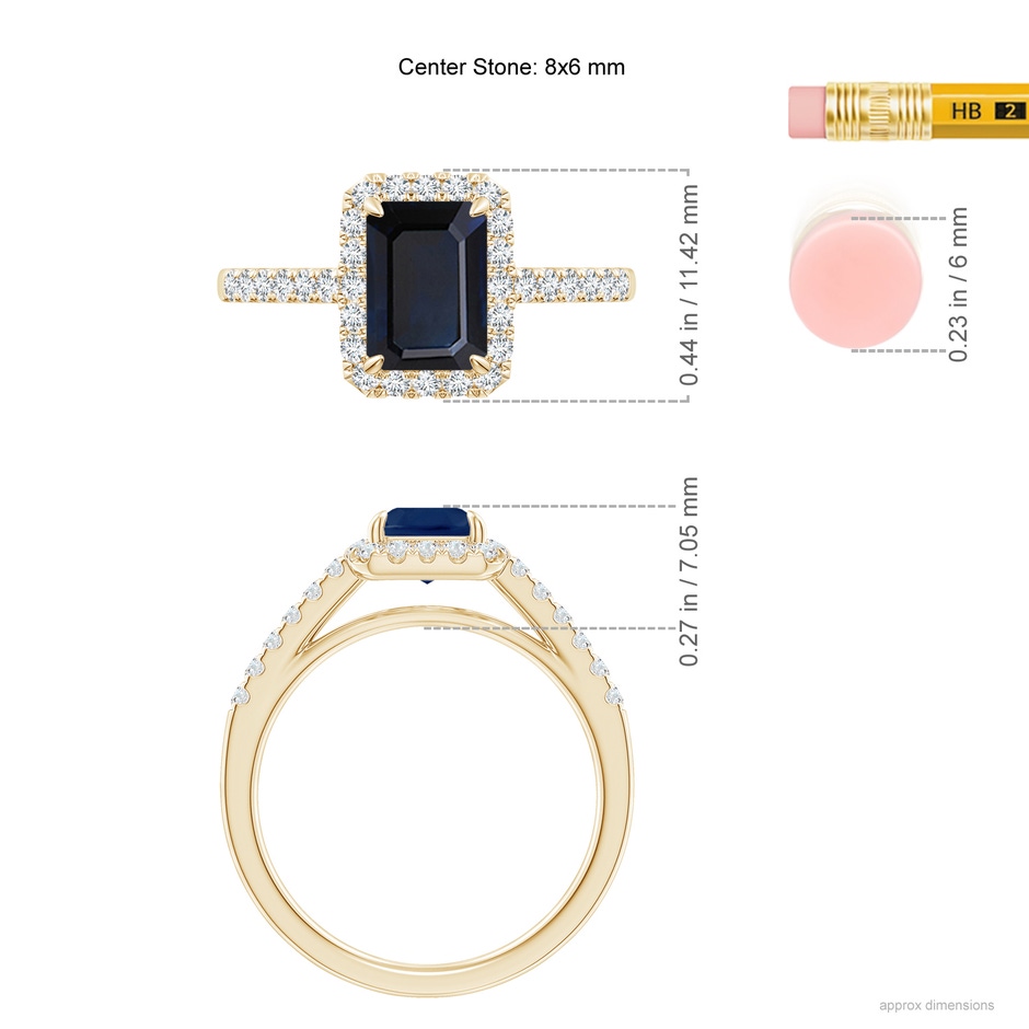 8x6mm A Emerald-Cut Sapphire Ring with Diamond Halo in Yellow Gold ruler