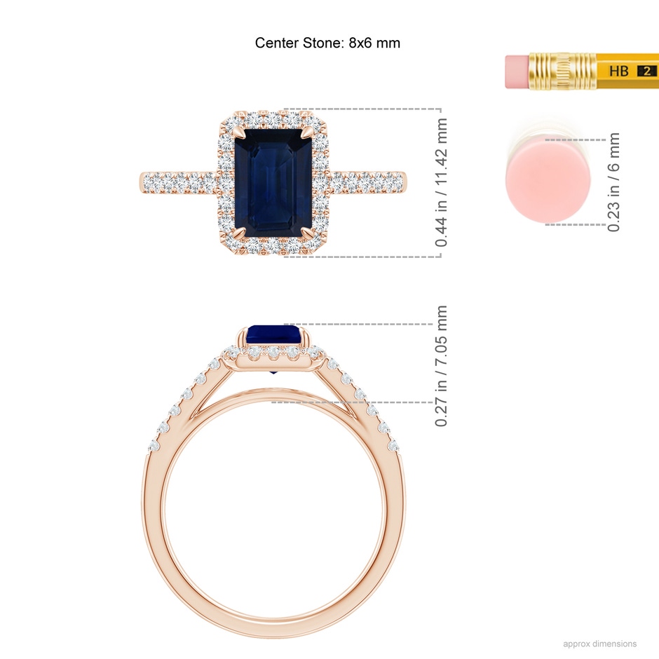 8x6mm AA Emerald-Cut Sapphire Ring with Diamond Halo in Rose Gold ruler