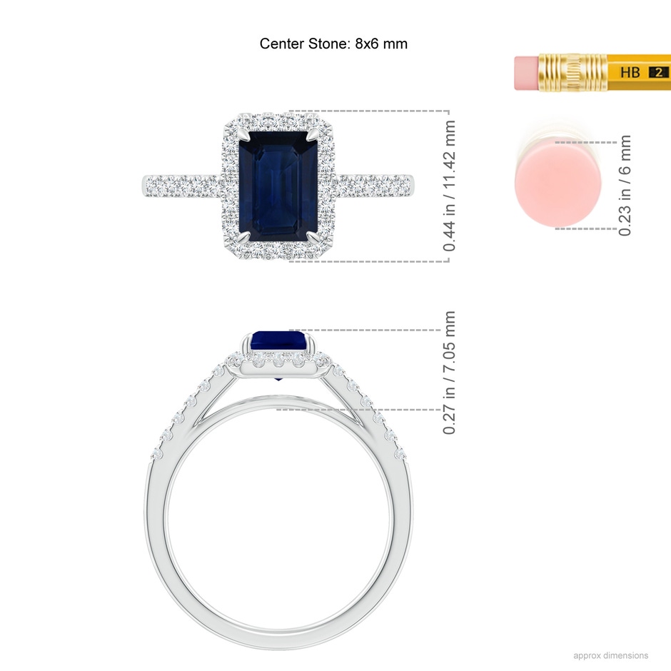 8x6mm AA Emerald-Cut Sapphire Ring with Diamond Halo in White Gold ruler