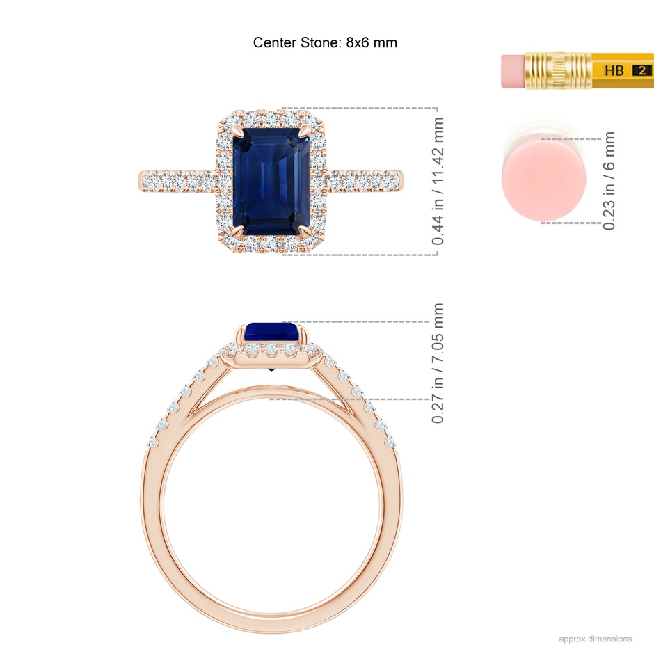 8x6mm AAA Emerald-Cut Sapphire Ring with Diamond Halo in Rose Gold ruler