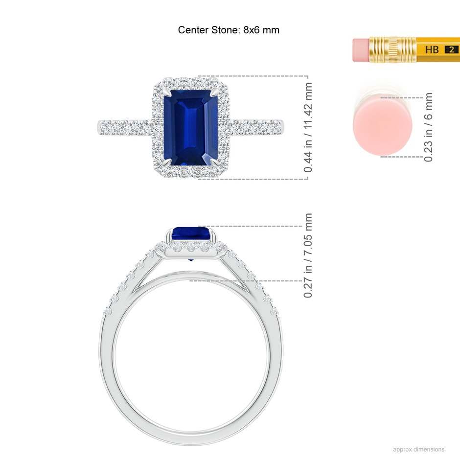 8x6mm AAAA Emerald-Cut Sapphire Ring with Diamond Halo in P950 Platinum ruler