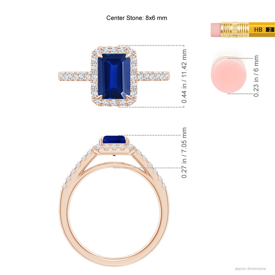 8x6mm Lab-Grown Emerald-Cut Sapphire Ring with Diamond Halo in Rose Gold ruler