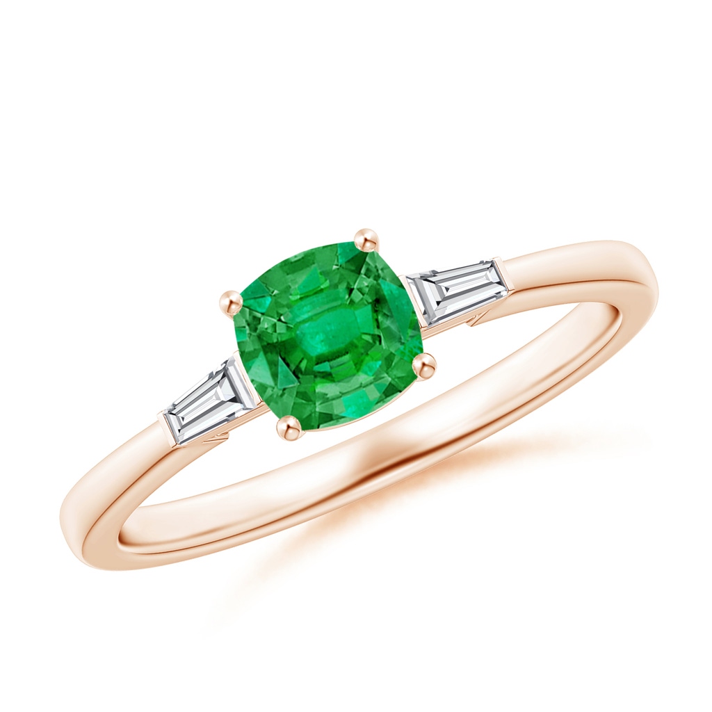 5mm AAA Cushion Emerald Ring with Bar-Set Tapered Baguette Diamonds in 10K Rose Gold