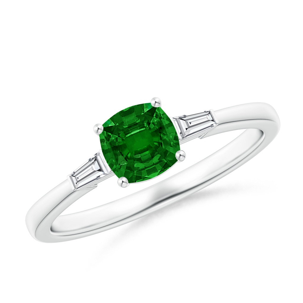 5mm AAAA Cushion Emerald Ring with Bar-Set Tapered Baguette Diamonds in P950 Platinum