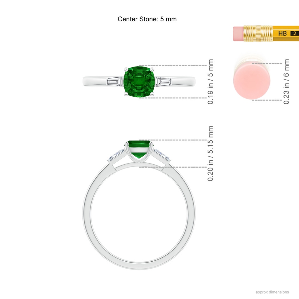 5mm AAAA Cushion Emerald Ring with Bar-Set Tapered Baguette Diamonds in P950 Platinum Ruler