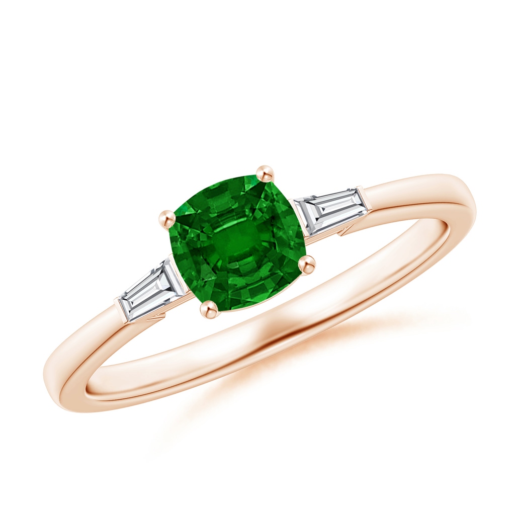 5mm AAAA Cushion Emerald Ring with Bar-Set Tapered Baguette Diamonds in Rose Gold
