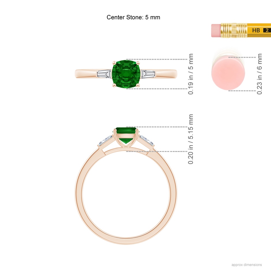5mm AAAA Cushion Emerald Ring with Bar-Set Tapered Baguette Diamonds in Rose Gold ruler