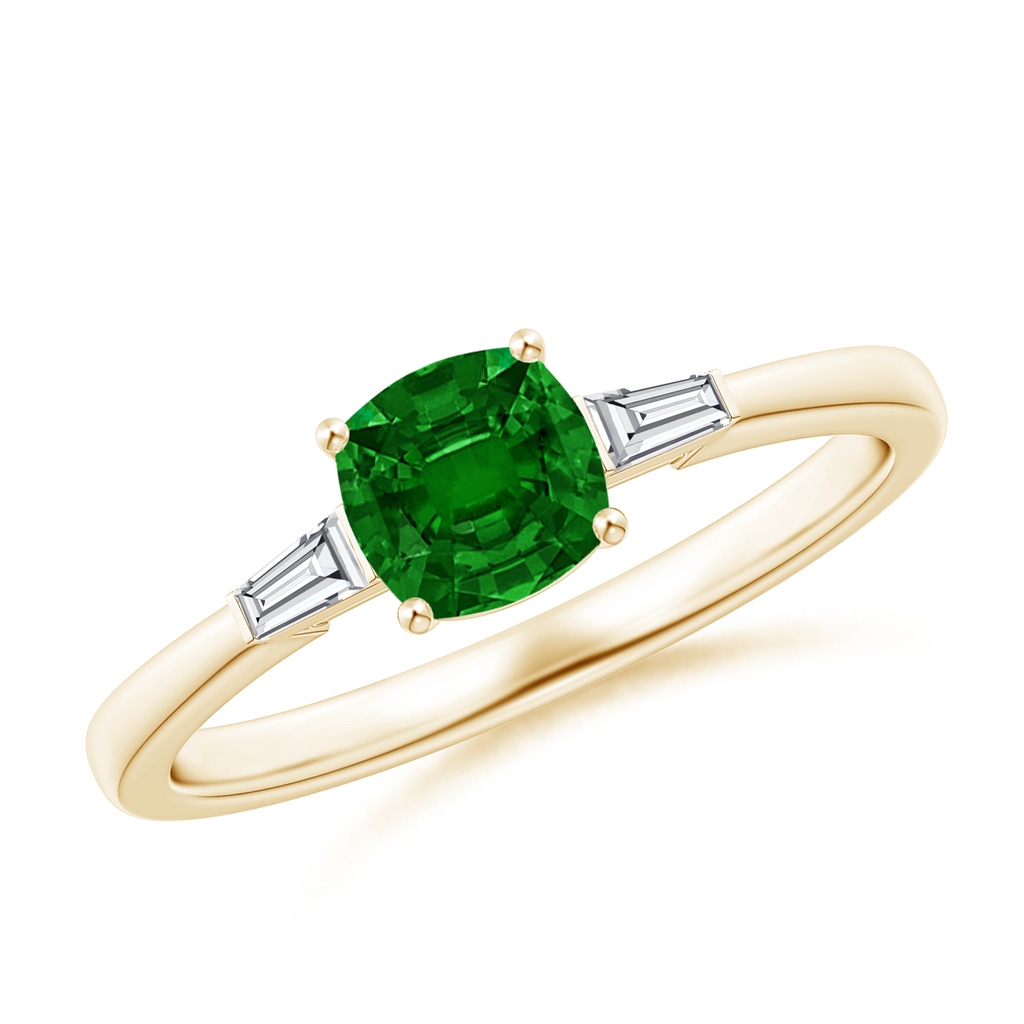 5mm AAAA Cushion Emerald Ring with Bar-Set Tapered Baguette Diamonds in Yellow Gold