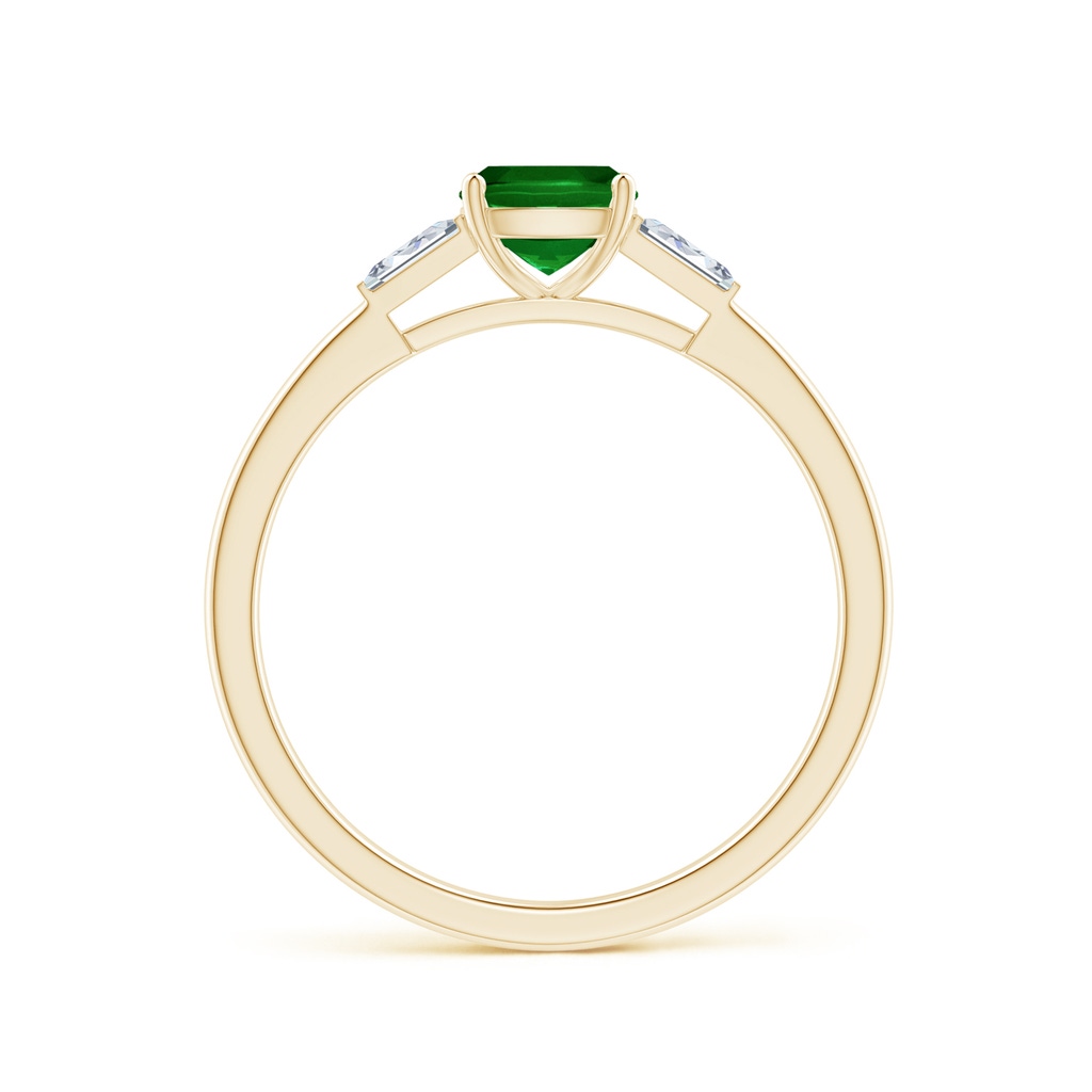 5mm AAAA Cushion Emerald Ring with Bar-Set Tapered Baguette Diamonds in Yellow Gold - side 1