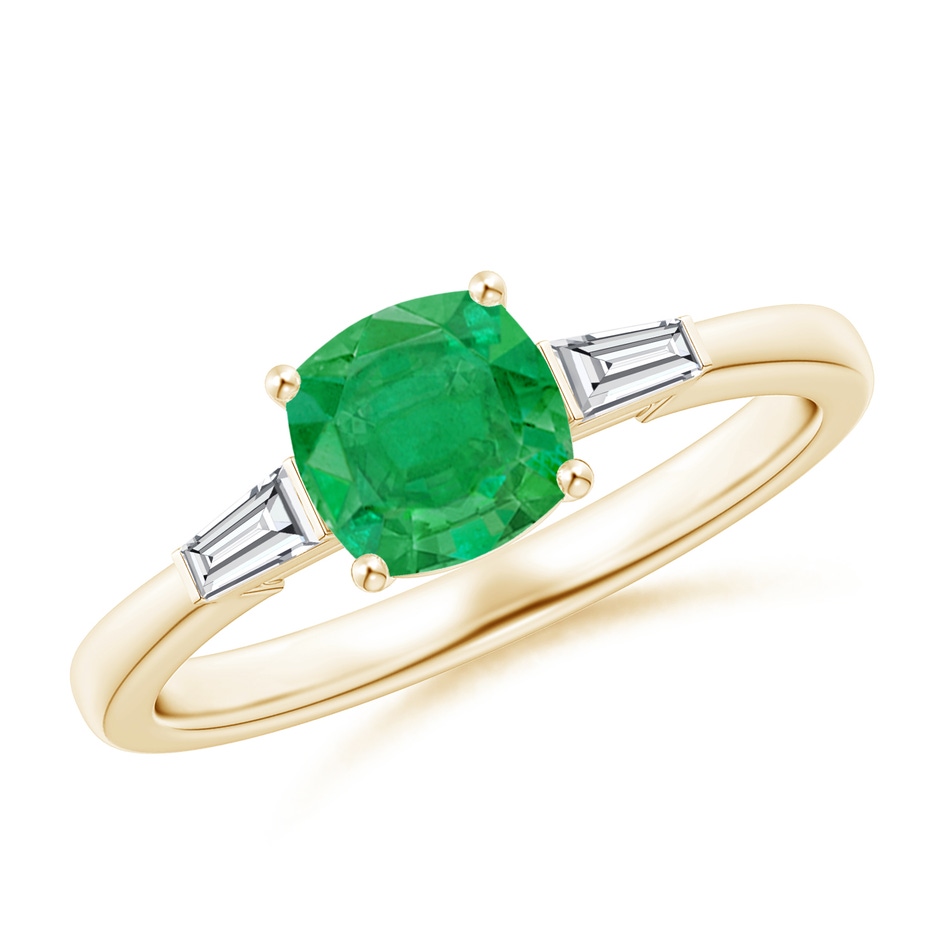 6mm AA Cushion Emerald Ring with Bar-Set Tapered Baguette Diamonds in Yellow Gold 