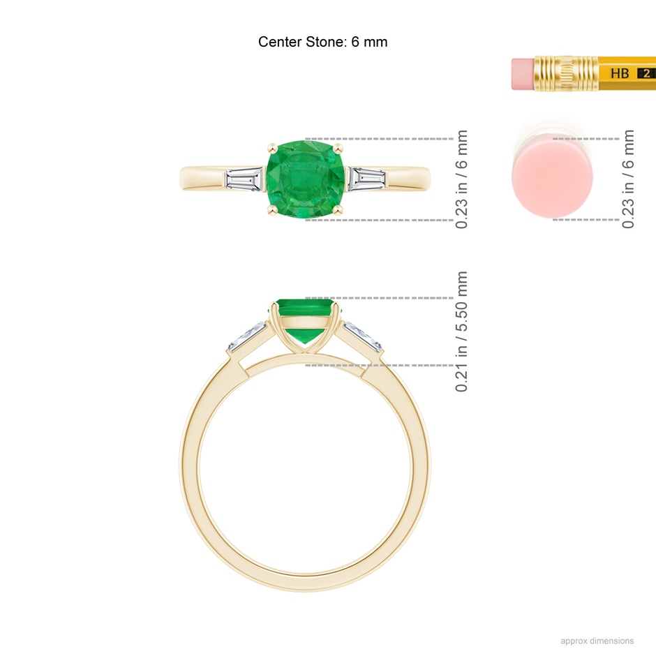 6mm AA Cushion Emerald Ring with Bar-Set Tapered Baguette Diamonds in Yellow Gold ruler