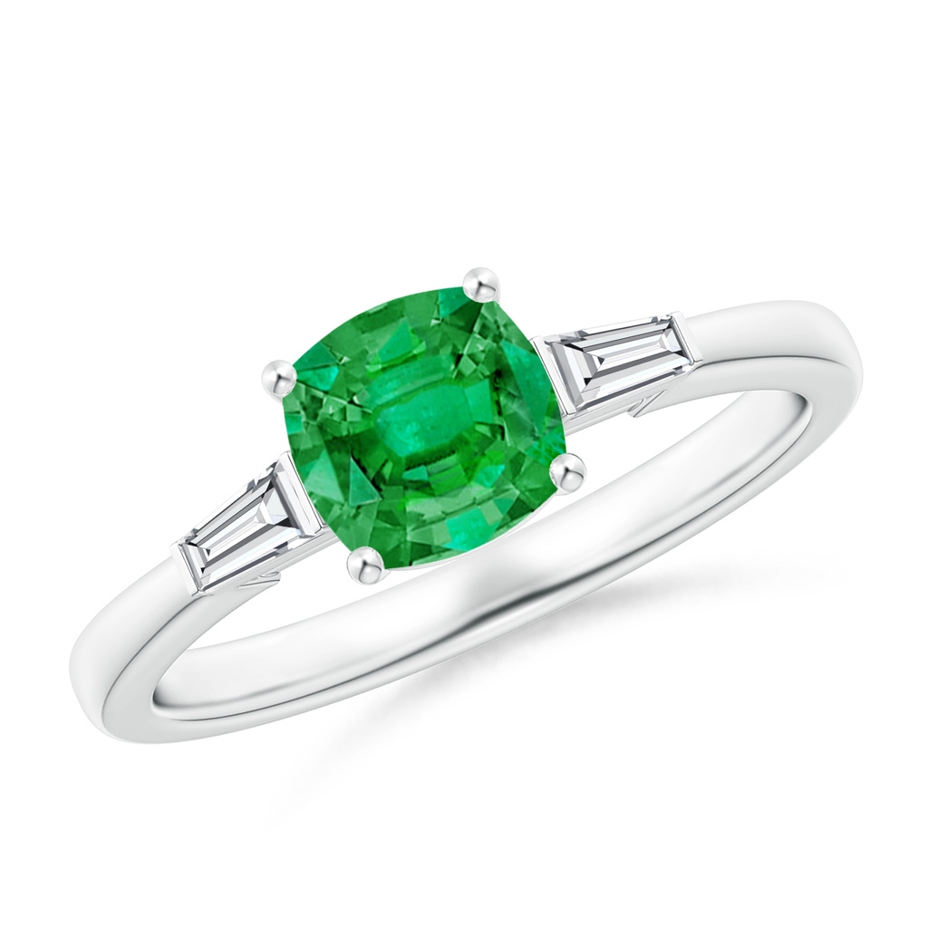 6mm AAA Cushion Emerald Ring with Bar-Set Tapered Baguette Diamonds in White Gold