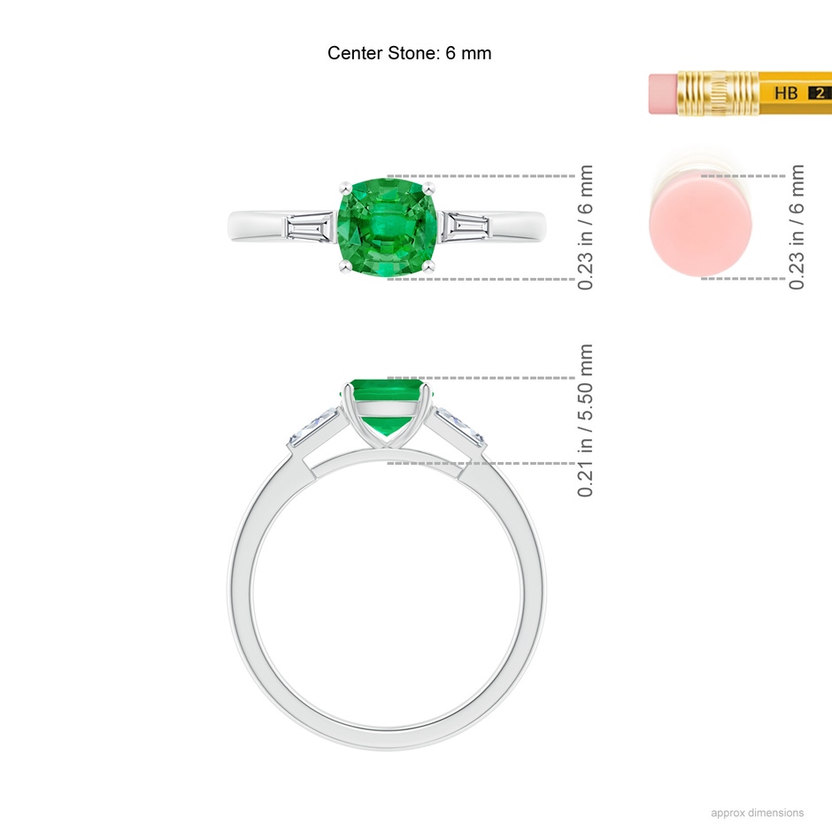 6mm AAA Cushion Emerald Ring with Bar-Set Tapered Baguette Diamonds in White Gold ruler