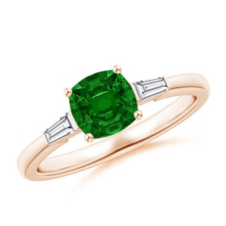 6mm AAAA Cushion Emerald Ring with Bar-Set Tapered Baguette Diamonds in Rose Gold