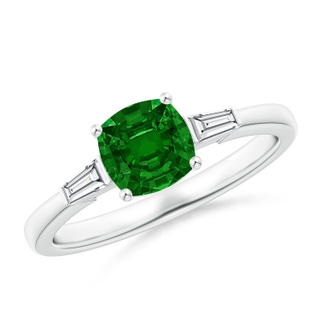 6mm AAAA Cushion Emerald Ring with Bar-Set Tapered Baguette Diamonds in White Gold