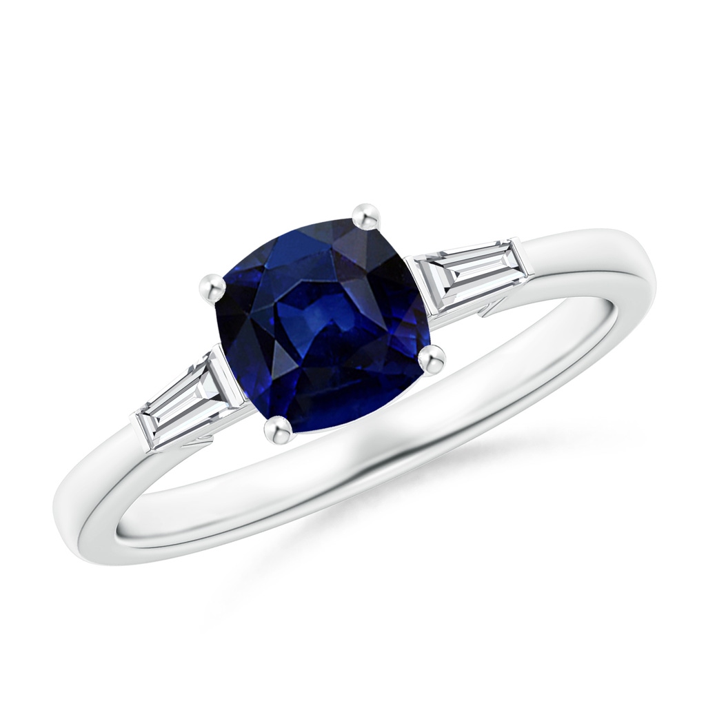 6mm AAA Cushion Sapphire Ring with Bar-Set Tapered Baguette Diamonds in White Gold