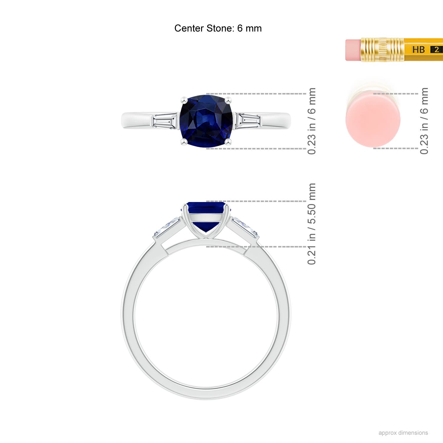 6mm AAA Cushion Sapphire Ring with Bar-Set Tapered Baguette Diamonds in White Gold - ruler
