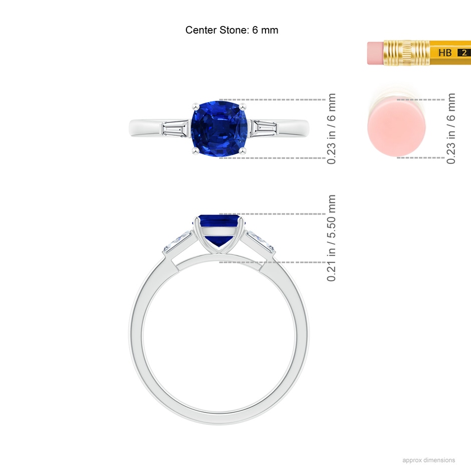 6mm AAAA Cushion Sapphire Ring with Bar-Set Tapered Baguette Diamonds in P950 Platinum ruler