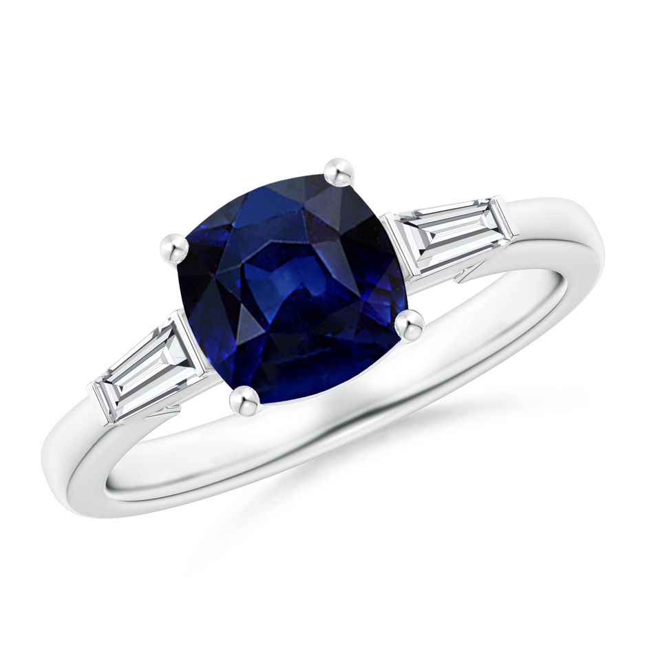 7mm AAA Cushion Sapphire Ring with Bar-Set Tapered Baguette Diamonds in White Gold 