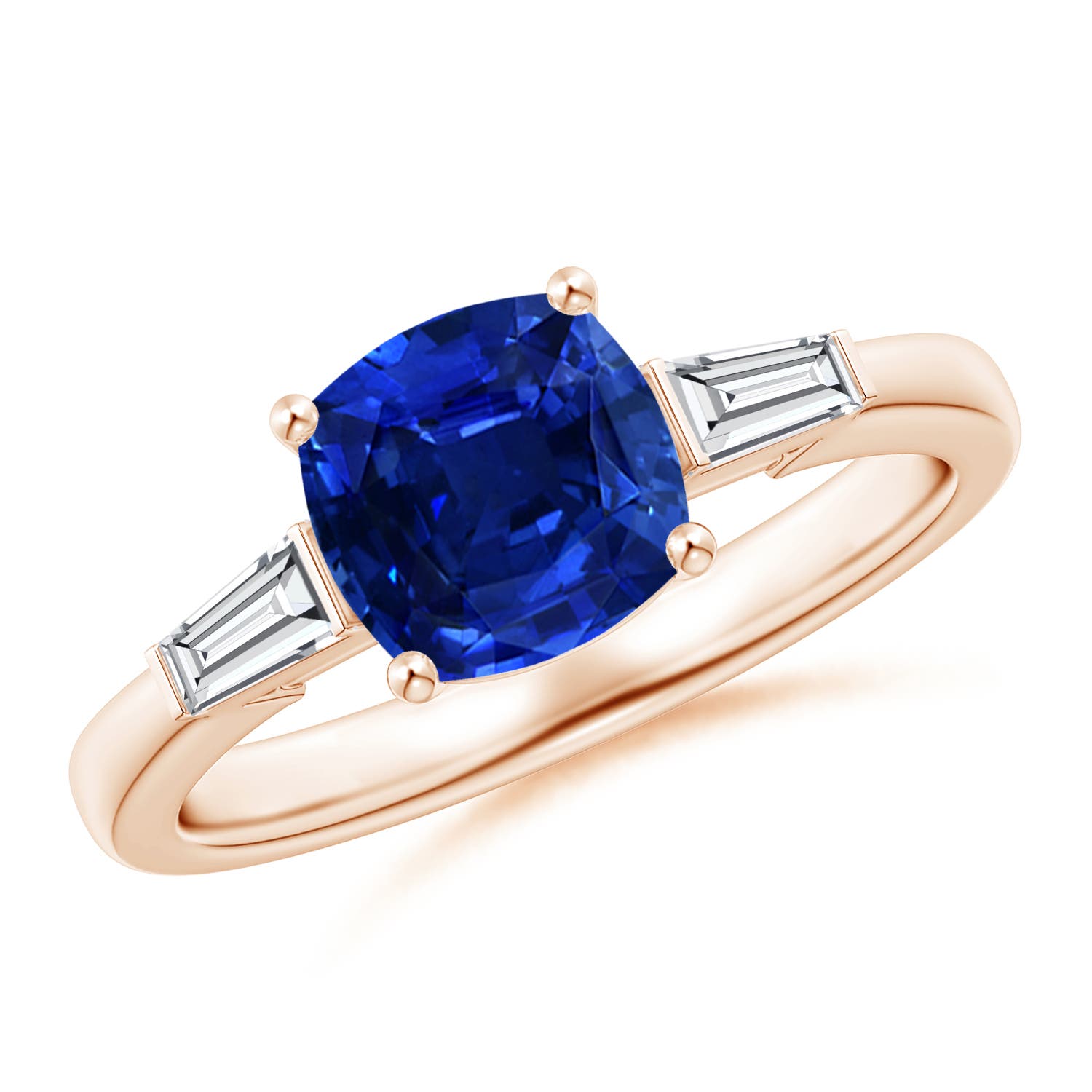 7mm AAAA Cushion Sapphire Ring with Bar-Set Tapered Baguette Diamonds in 18CT Rose Gold