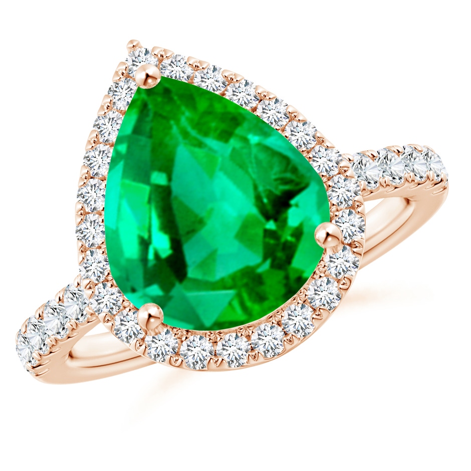 12x10mm AAA Pear-Shaped Emerald Halo Engagement Ring in 18K Rose Gold 