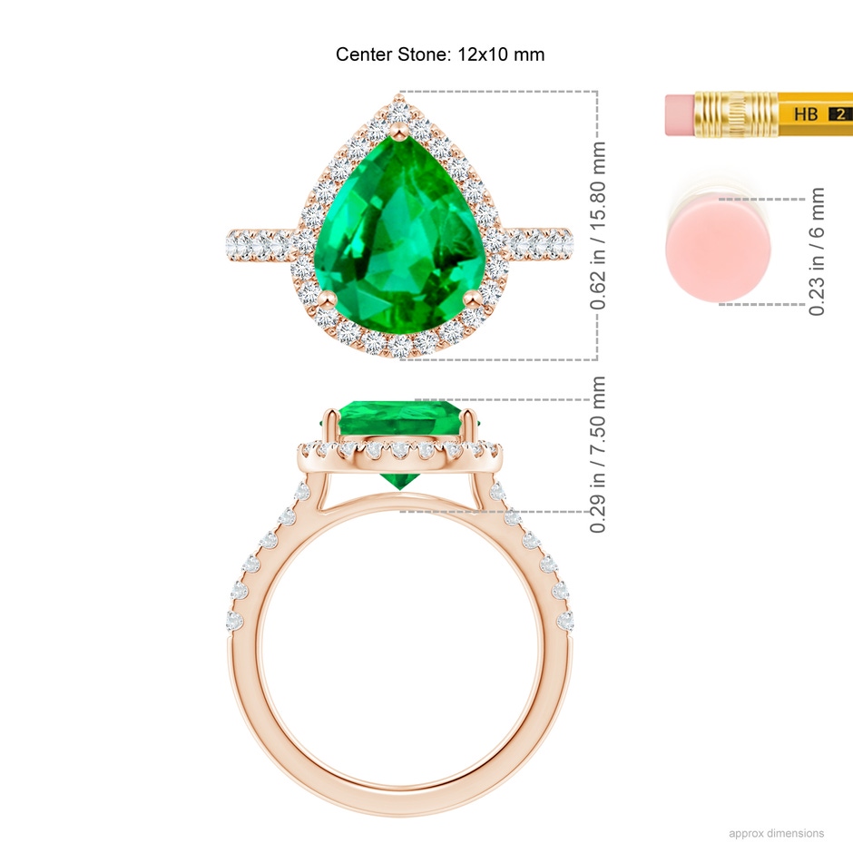 12x10mm AAA Pear-Shaped Emerald Halo Engagement Ring in 18K Rose Gold ruler