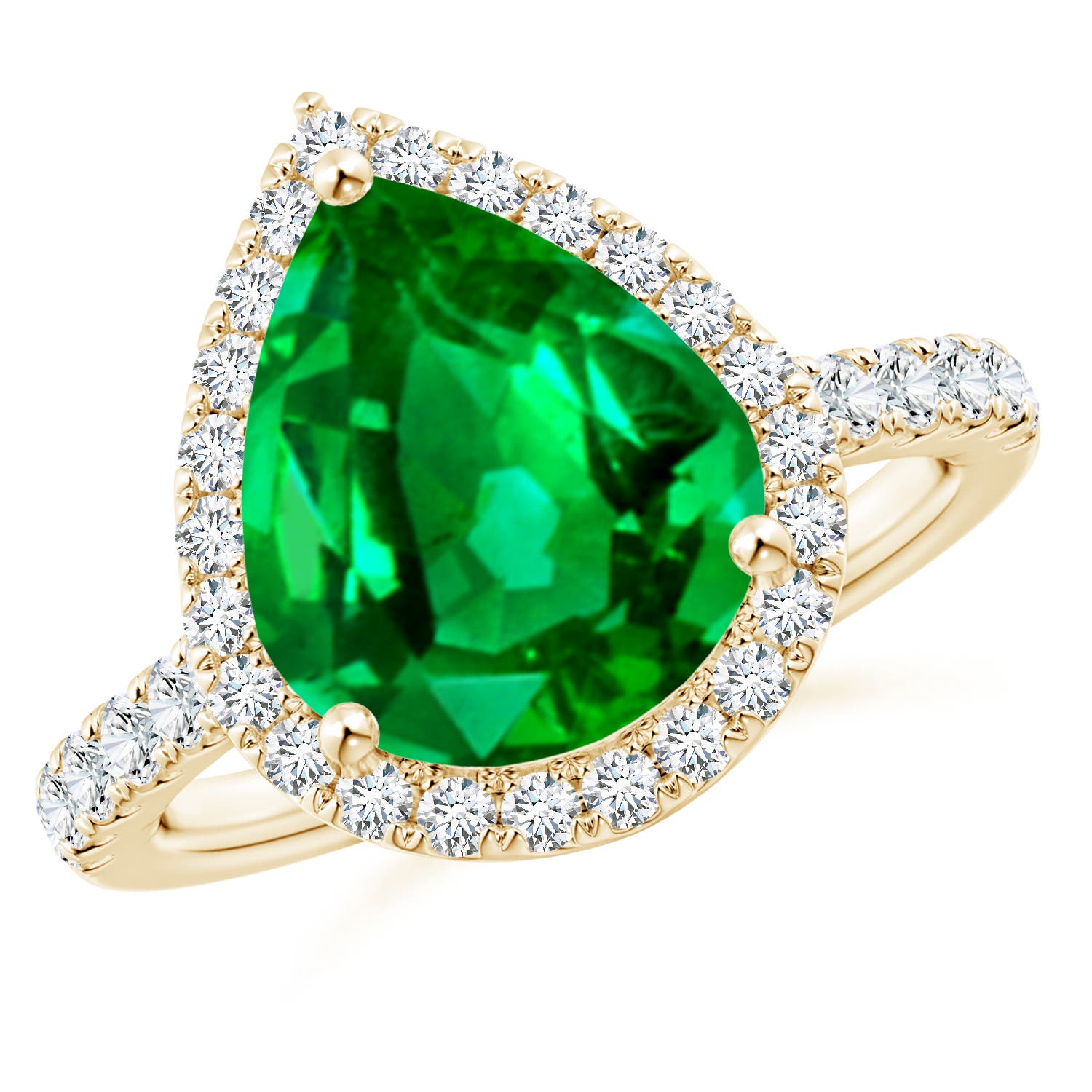 12x10mm AAAA Pear-Shaped Emerald Halo Engagement Ring in 18CT Yellow Gold