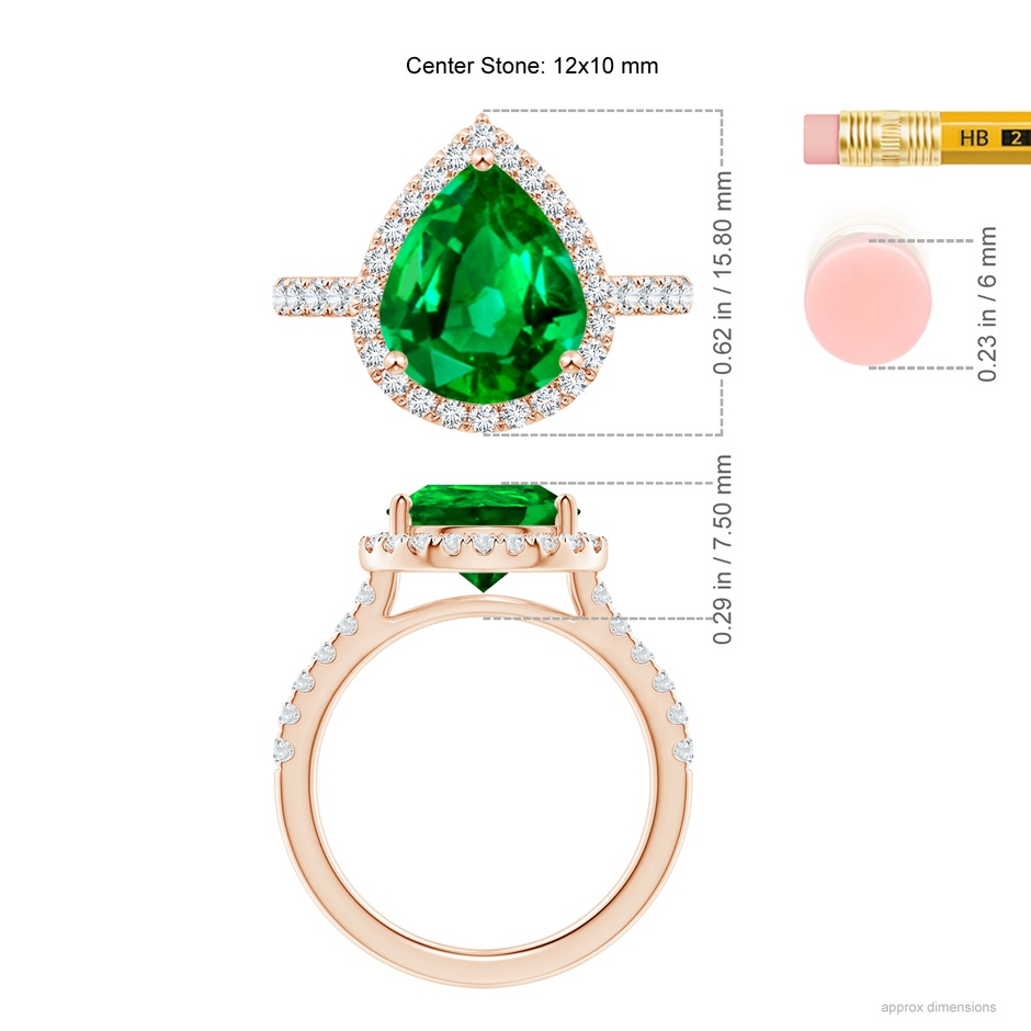 12x10mm AAAA Pear-Shaped Emerald Halo Engagement Ring in Rose Gold ruler