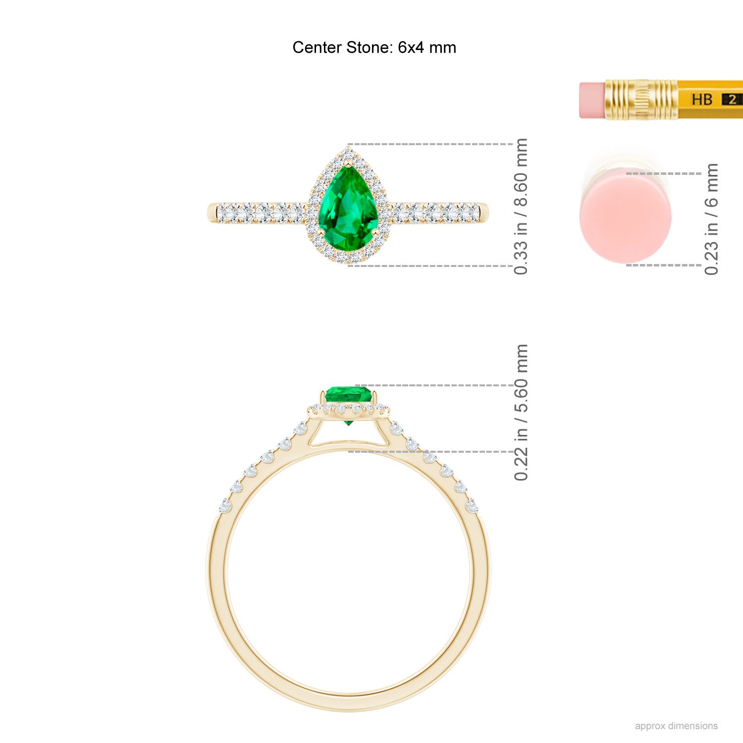 6x4mm AAA Pear-Shaped Emerald Halo Engagement Ring in Yellow Gold - ruler