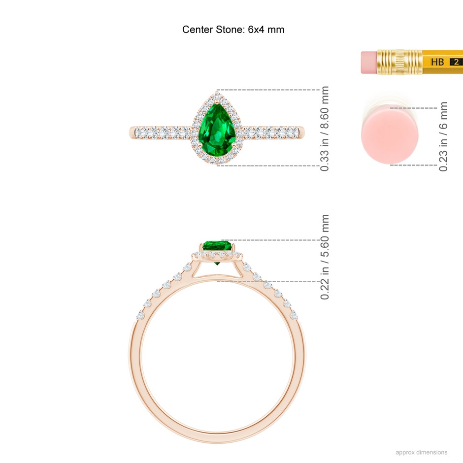 6x4mm AAAA Pear-Shaped Emerald Halo Engagement Ring in Rose Gold ruler