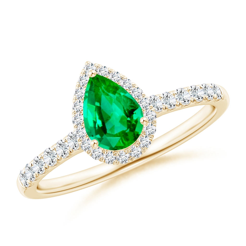 7x5mm AAA Pear-Shaped Emerald Halo Engagement Ring in Yellow Gold