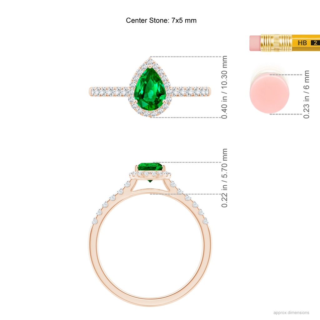 7x5mm AAAA Pear-Shaped Emerald Halo Engagement Ring in Rose Gold ruler