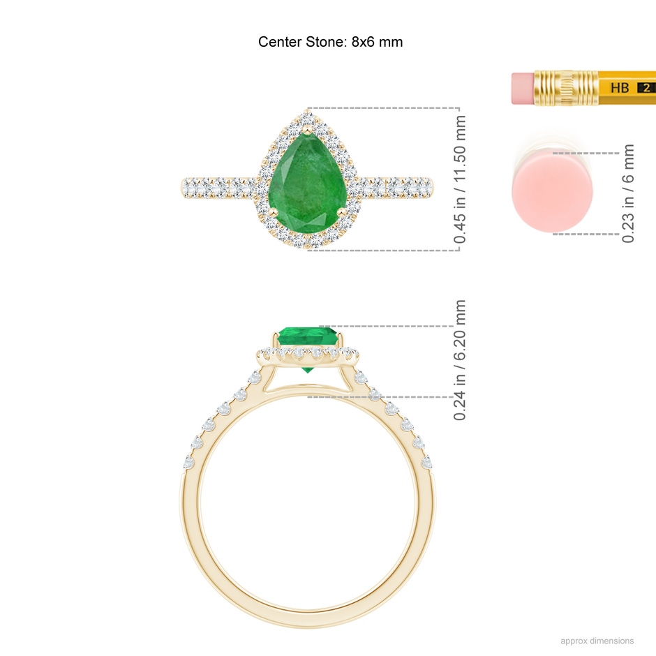 8x6mm A Pear-Shaped Emerald Halo Engagement Ring in Yellow Gold ruler