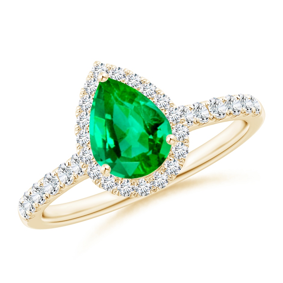 8x6mm AAA Pear-Shaped Emerald Halo Engagement Ring in Yellow Gold 