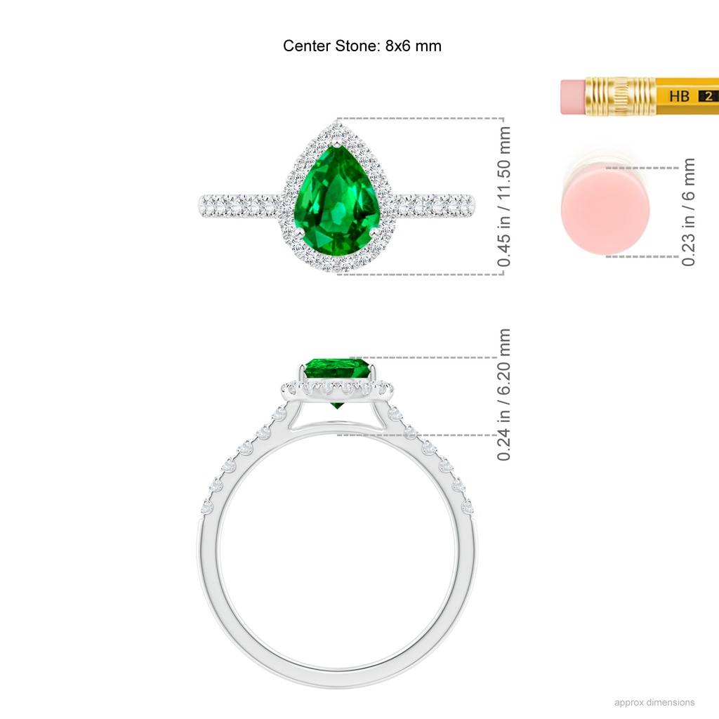 8x6mm AAAA Pear-Shaped Emerald Halo Engagement Ring in P950 Platinum ruler