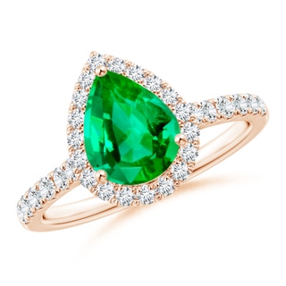 9x7mm AAA Pear-Shaped Emerald Halo Engagement Ring in Rose Gold