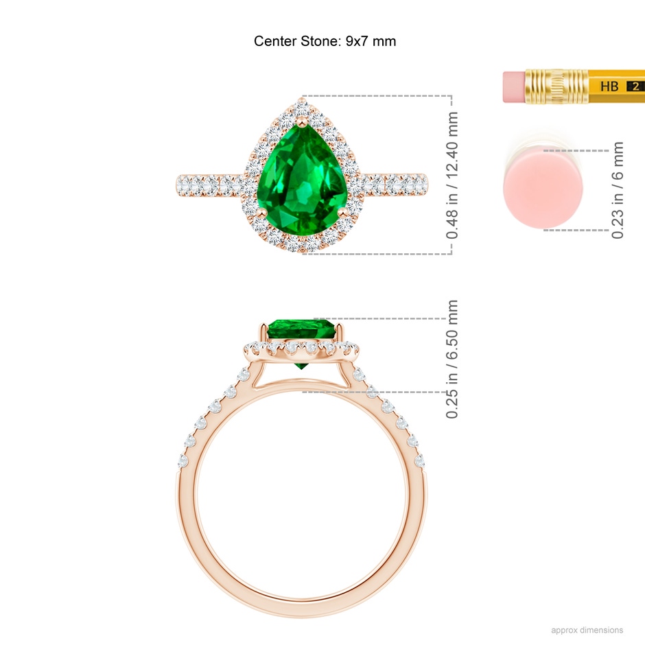 9x7mm AAAA Pear-Shaped Emerald Halo Engagement Ring in 18K Rose Gold ruler