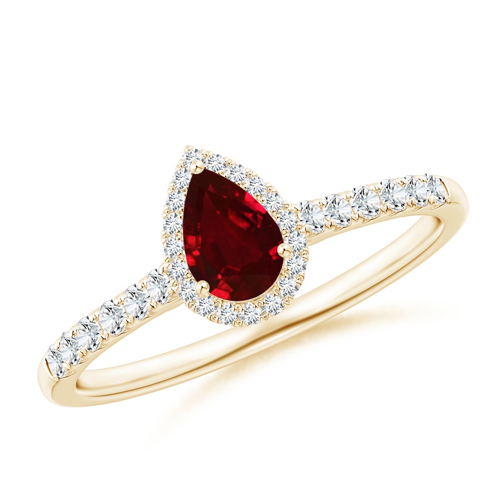 6x4mm AAAA Pear-Shaped Ruby Halo Engagement Ring in Yellow Gold