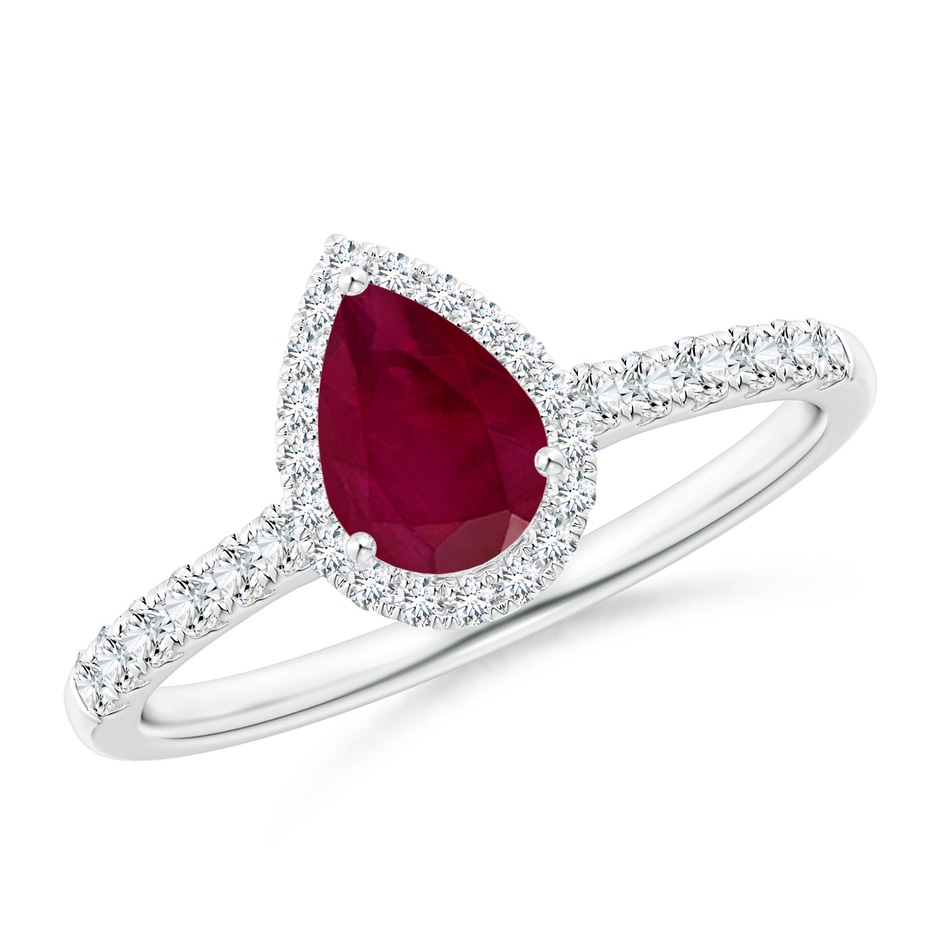 7x5mm A Pear-Shaped Ruby Halo Engagement Ring in White Gold 