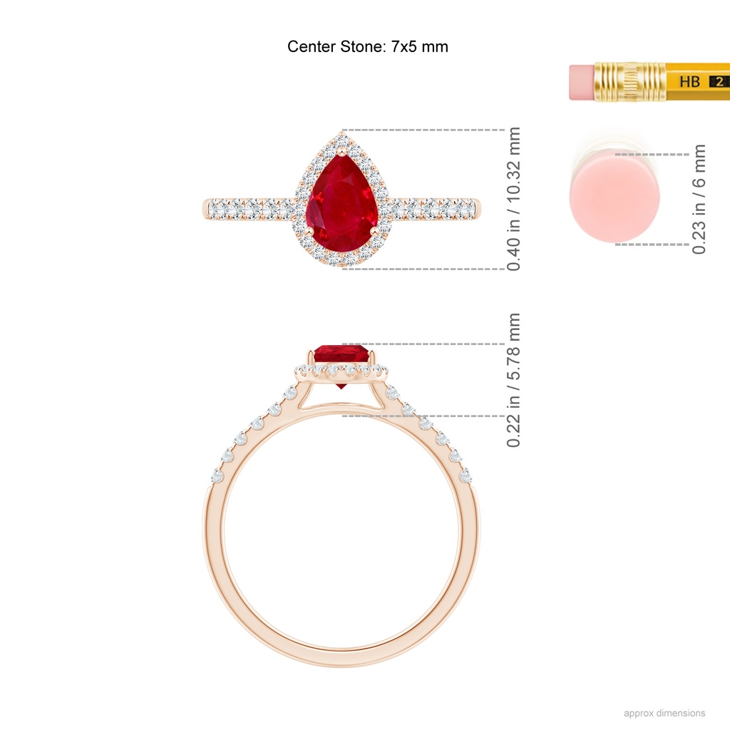 7x5mm AAA Pear-Shaped Ruby Halo Engagement Ring in Rose Gold Ruler