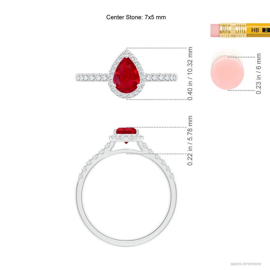 7x5mm AAA Pear-Shaped Ruby Halo Engagement Ring in White Gold ruler