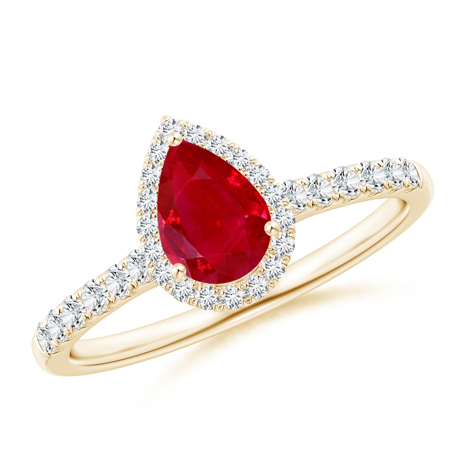 7x5mm AAA Pear-Shaped Ruby Halo Engagement Ring in Yellow Gold 