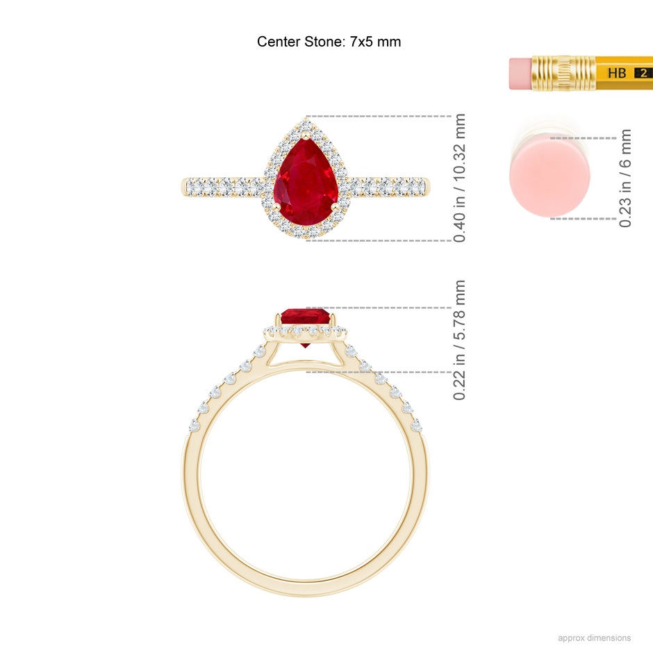 7x5mm AAA Pear-Shaped Ruby Halo Engagement Ring in Yellow Gold ruler