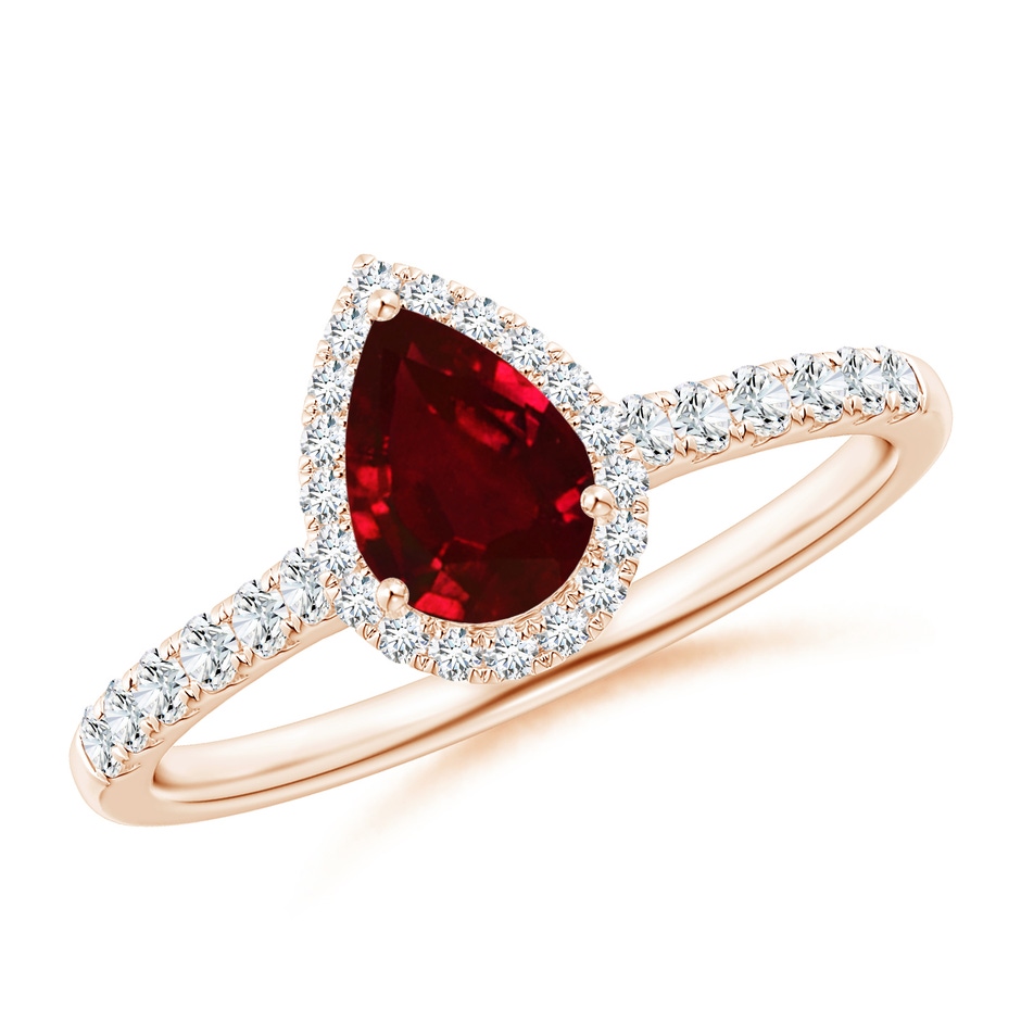 7x5mm AAAA Pear-Shaped Ruby Halo Engagement Ring in Rose Gold 