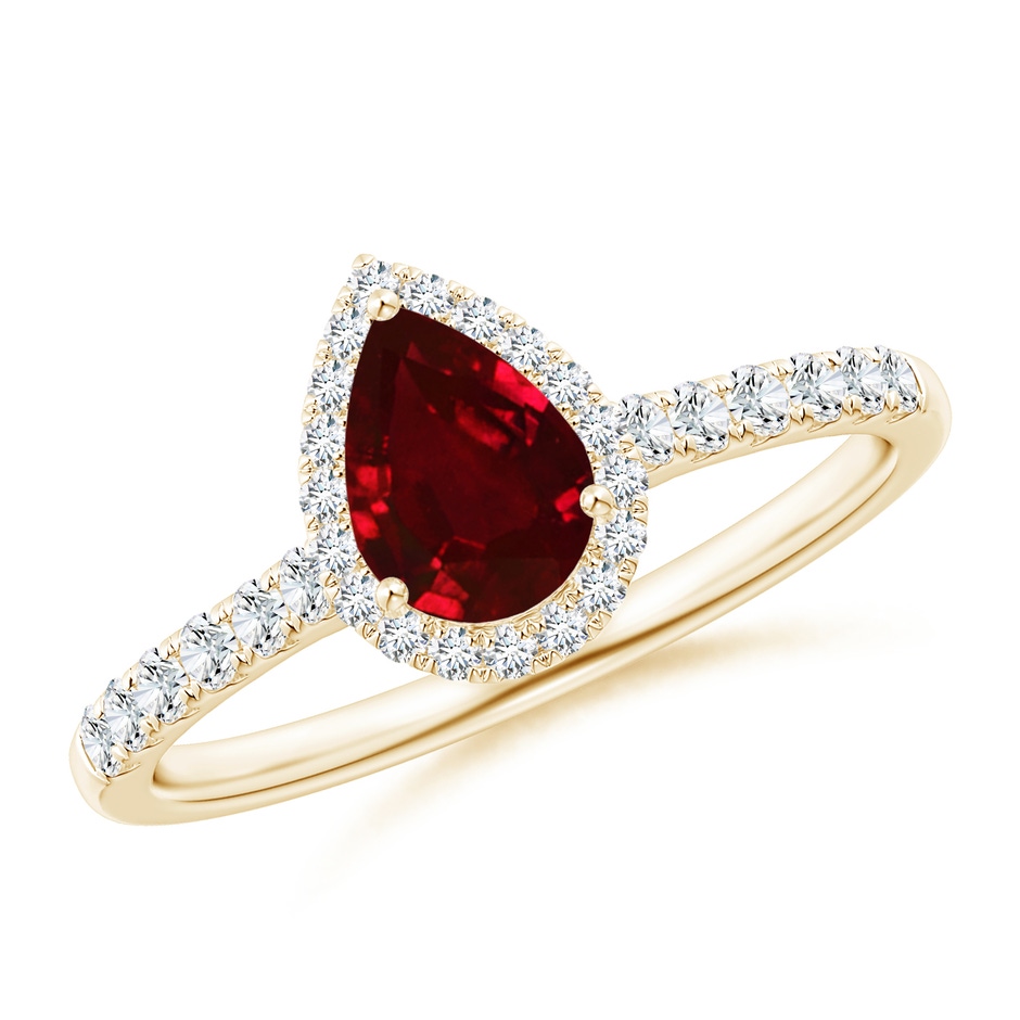 7x5mm AAAA Pear-Shaped Ruby Halo Engagement Ring in Yellow Gold 