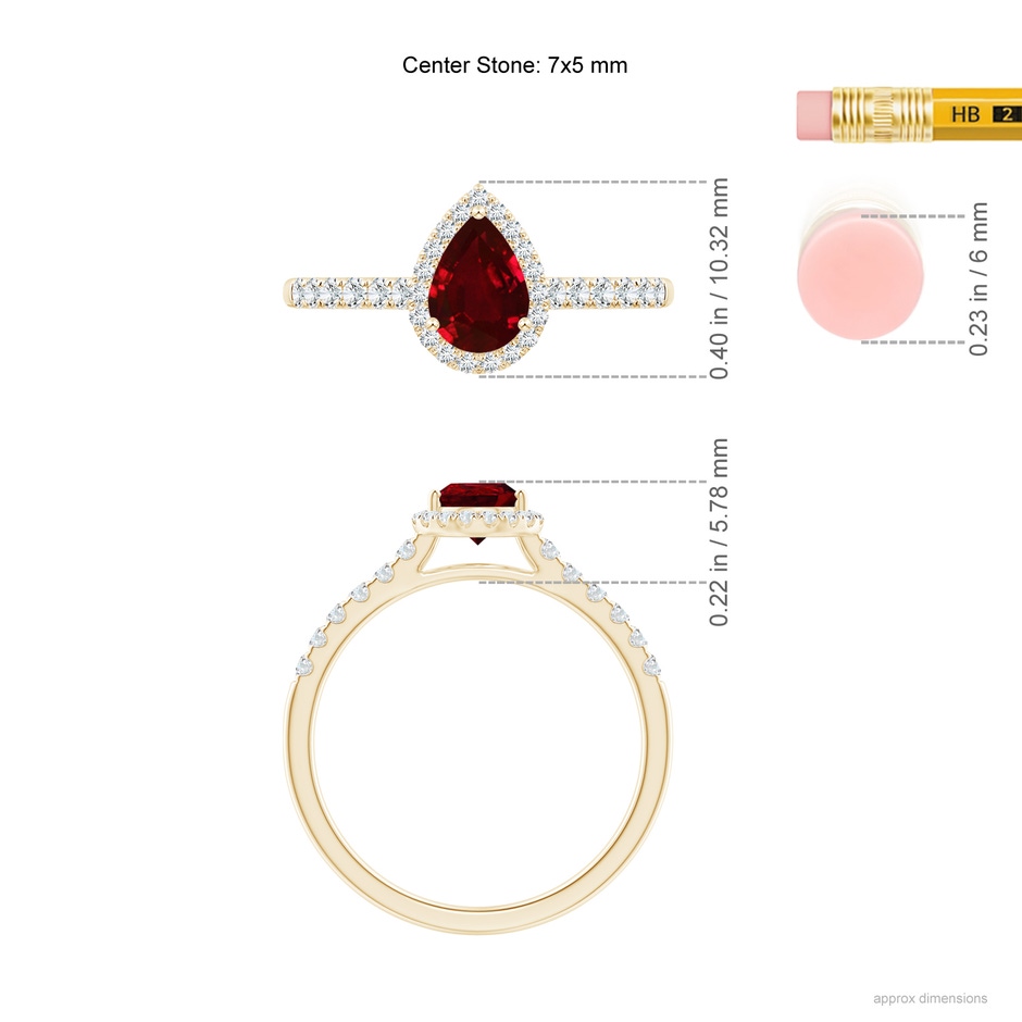 7x5mm AAAA Pear-Shaped Ruby Halo Engagement Ring in Yellow Gold ruler