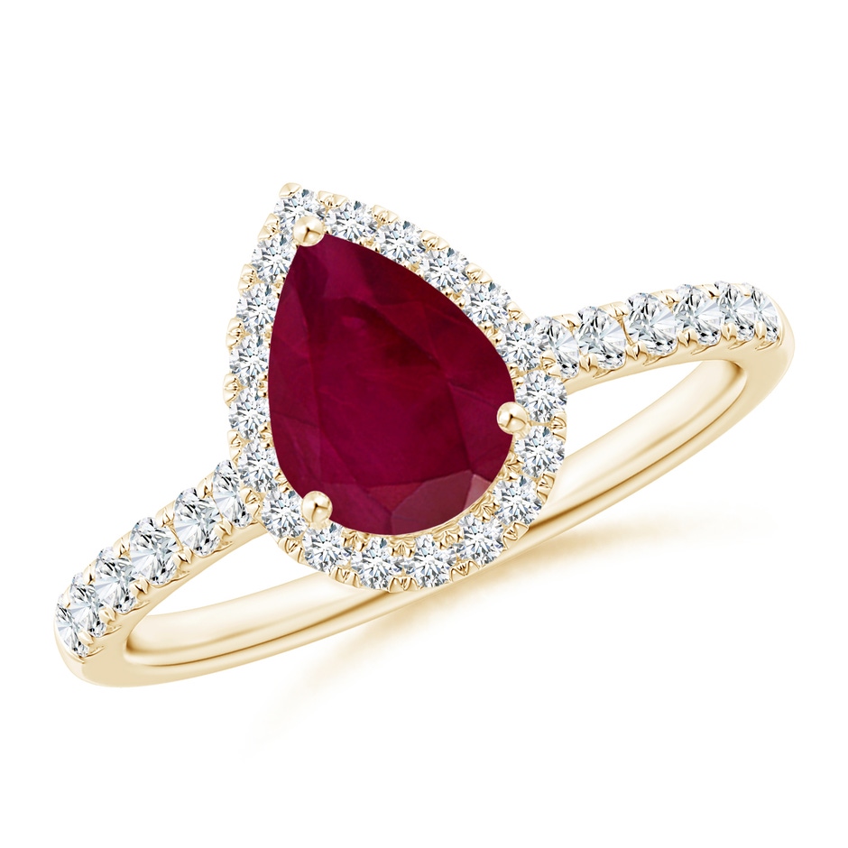 8x6mm A Pear-Shaped Ruby Halo Engagement Ring in Yellow Gold 