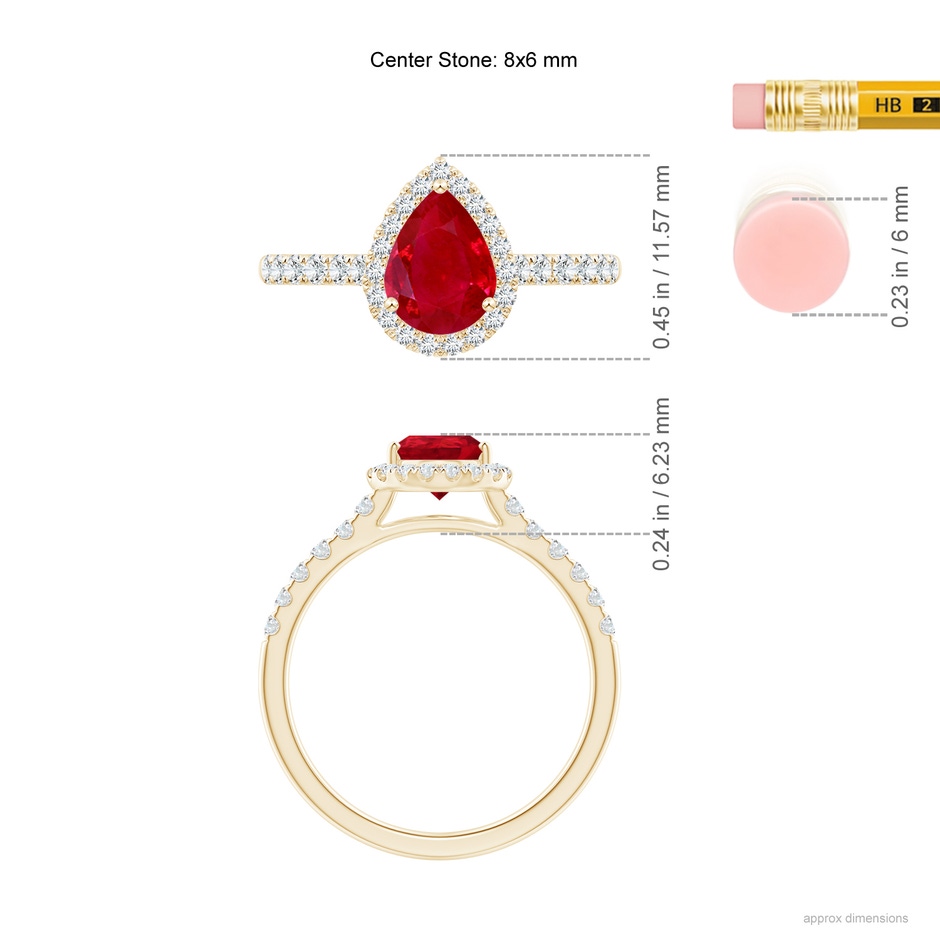 8x6mm AAA Pear-Shaped Ruby Halo Engagement Ring in Yellow Gold ruler