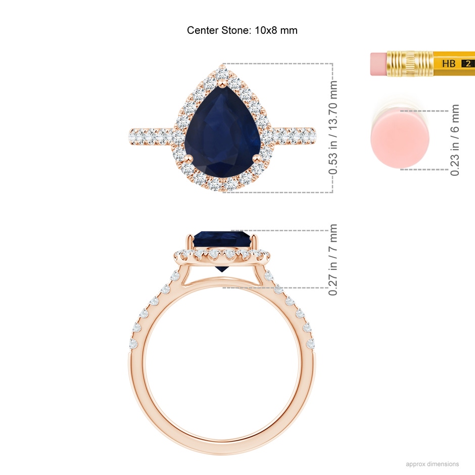 10x8mm A Pear-Shaped Sapphire Halo Engagement Ring in Rose Gold ruler