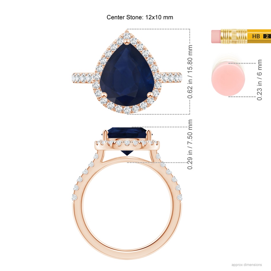 12x10mm A Pear-Shaped Sapphire Halo Engagement Ring in Rose Gold ruler